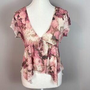 Almost Famous Womens Pink Floral Babydoll Y2K asymmetric hem blouse Large Fairy